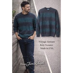 Vintage Jantzen Teal Gray Knit Sweater Made in USA Men's Medium
